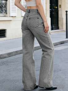 Women's Unwashed Gray Long Straight Leg Casual Jeans, Non-Stretch, Fashionable Pocket Details, Unique Design, 72% Cotton, Spring/Summer Clothing - Grey - View 4