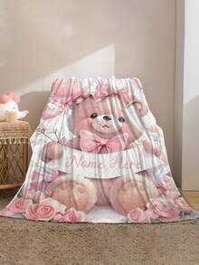 1pc Customizable Teddy Bear Themed Blanket, Watercolor Painting Style With Cute Pink Bear, Bow, Rose And Floral Elements, Made Of Knitted Flannel Fabric With Digital Printing, Comfortable And Warm For All Seasons, Suitable For Sofa, Bed, Travel, Camping, Office - Easy Care, Great For Resting, Camping And Travel - 彩色 - 查看 3