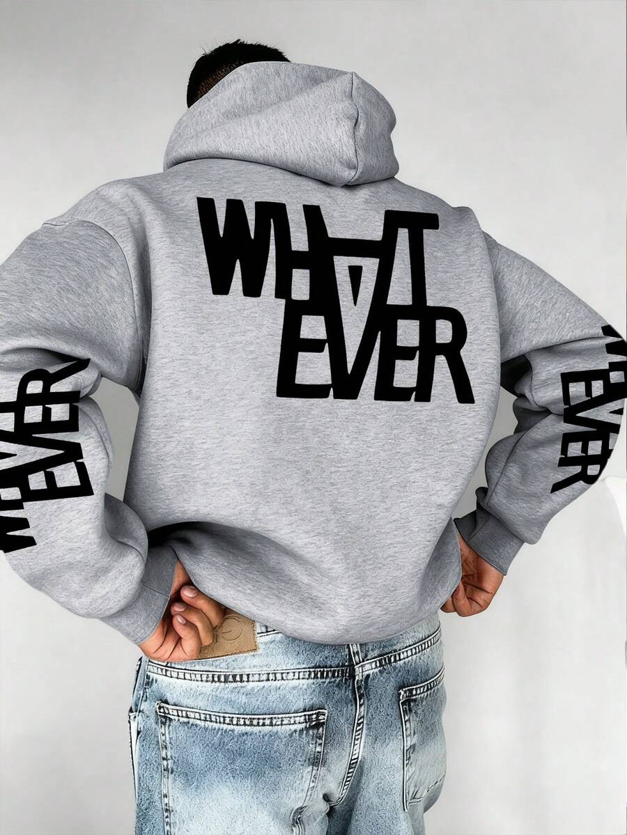 Camvyn WHITE SHARK 男士休闲印花宽松连帽卫衣，秋冬季街头时尚风格 - 灰色 - 查看 1