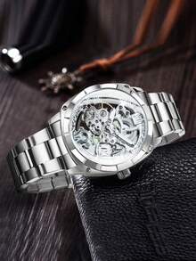 FORSINING 1件男士奢华复古方形透明镂空自动机械表，夜光指针，不锈钢表带，商务休闲男士手表，节日生日礼物 - 銀色 - 查看 3