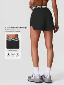Sodalemon Shorts de treino femininos com cinto na cintura, bolsos laterais, cós elástico, modelagem solta, camada dupla, ideais para esportes, ioga e atividades ao ar livre. - Preto - Ver 2
