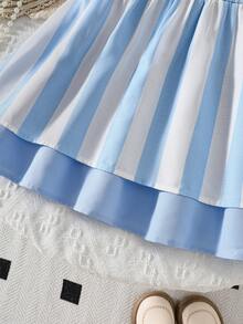 Vestido sin mangas con rayas para niñas jóvenes, con adorno de perlas en el pecho y lazo en la espalda, falda con volantes, estilo de princesa fresca, para primavera/verano - Azul - Ver 5