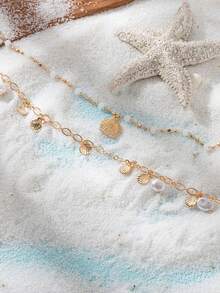 2pcs Popular Women's Fashion Casual Cute Beach Pearl Shell Copper Anklet, Wedding Engagement Party Jewelry Gift - Gold - View 4