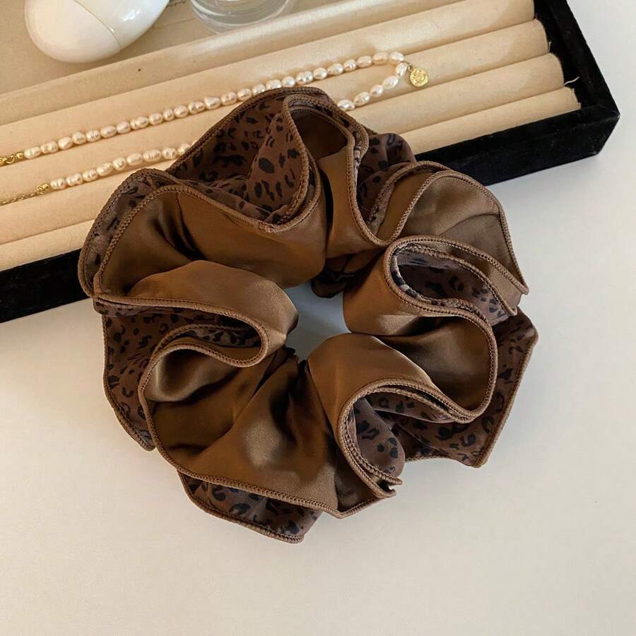 Elastico per capelli in raso con stampa leopardata, elastico per capelli a quattro strati, extra large, di alta qualità, per coda di cavallo, per donna. - Marrone scuro - Visualizzare 1