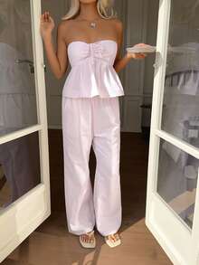 Women's Summer Pink Stripe Cotton Two Pieces Sexy Y2K Smokey Tank Top And Loose Straight Wide Leg Pant Suit For Casual Commuting Vacation - Pink - View 10