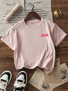 女童 Save The Sharks 字母 & 鯨鯊圖案背印圓領短袖T恤，復古海灘休閒寬鬆夏季度假兒童上衣 - 粉色 - 查看 4