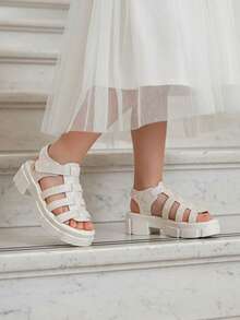 1双儿童新款白色罗马凉鞋，高品质闪亮PU材质，星形图案，厚底，魔术贴搭扣，时尚百搭，适合2-15岁男孩女孩学生夏季郊游假期穿着 - 白色 - 查看 1