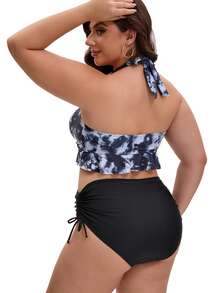 1 Conjunto Maiô Modesto de Duas Peças, Maiô Esportivo Estampado Preto Plus Size para Verão - Preto - Visão 2