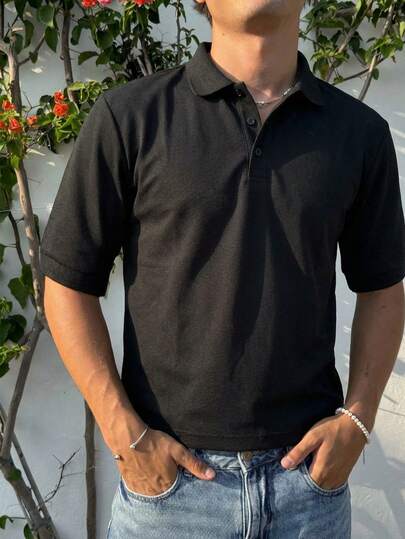 YUNCHIC Men's Summer Bestseller Black Polo Shirt, Loose Fit Turndown Collar Short Sleeve T-Shirt, Versatile For Daily Commute & Slimming