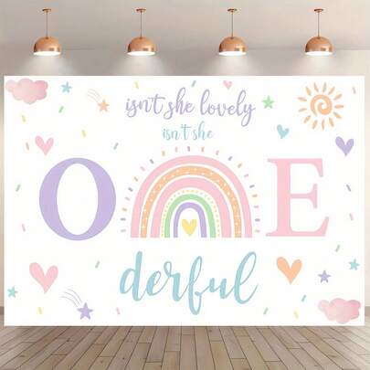 1件彩虹一周岁生日背景布，一周岁纪念装饰，“她真可爱！她真棒！”，彩虹生日派对用品背景布，适用于洗礼、送礼派对、蛋糕桌装饰、拍照背景装饰。