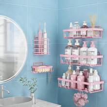 No-Drill Bathroom Storage Rack Set Iron Wall-Mounted Organizer 2026 New Year Gift Home Essential Pink Shelves For Toiletries Shower Caddy CupSuction Triangular - 粉色 - 查看 6