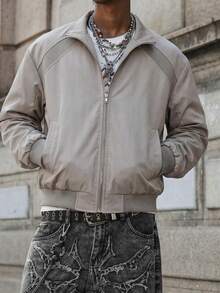 男士灰色夹克，网眼拼接设计，立领，抗皱易打理，复古简约休闲外套，适合春秋季通勤和休闲穿着。 - 灰色 - 查看 3