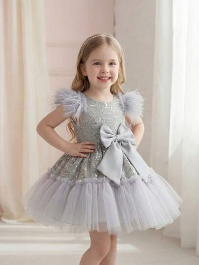 4-8岁女童无袖薄纱亮片装饰派对礼服，适合派对、正式活动、婚礼、洗礼、庆典和生日庆祝等场合，夏季