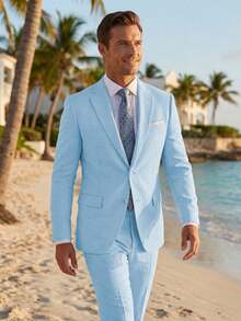 2pcs Men's 2 Piece Light Blue Linen Suits For Men Slim Fit Casual Beach Wedding Summer Grooms Groomsmen Linen Blazer Pants Suit - 淺藍色 - 查看 11