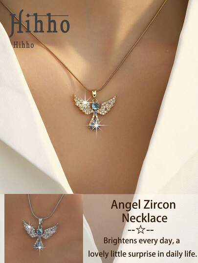 1pc Sweet & Cool Blue & White Zirconia Angel Wings Pendant Necklace, Unique Design Snake Bone Chain, Versatile For Daily, Dating, Gift For Girlfriend, Best Friend, Valentine's Day, Birthday