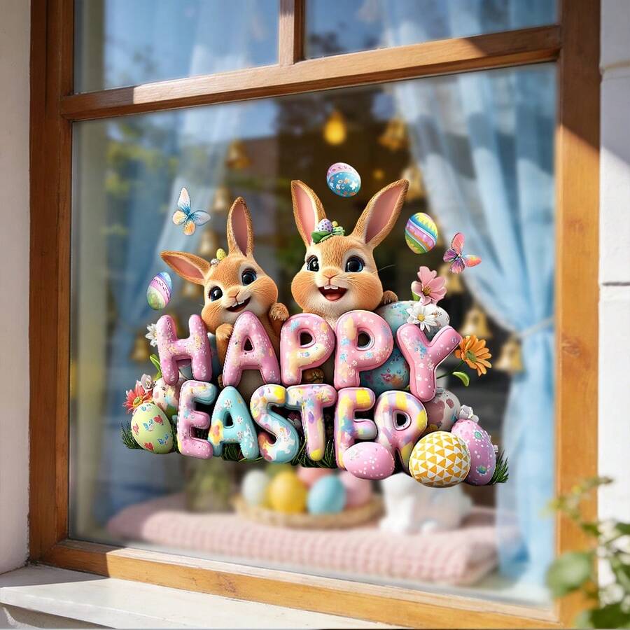 1/3pcs Cute Easter Bunny Window Stickers, Reusable PVC Static Cling, Suitable For Shop Windows, Living Room, Bedroom, Kitchen And Other Home Decor, Also Can Be Used As Holiday Gifts