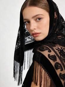 1pc Black Elegant Velvet Fashion Versatile Unique Charming Long Tassel Shawl Scarf, Suitable For Evening Party - Black - View 4
