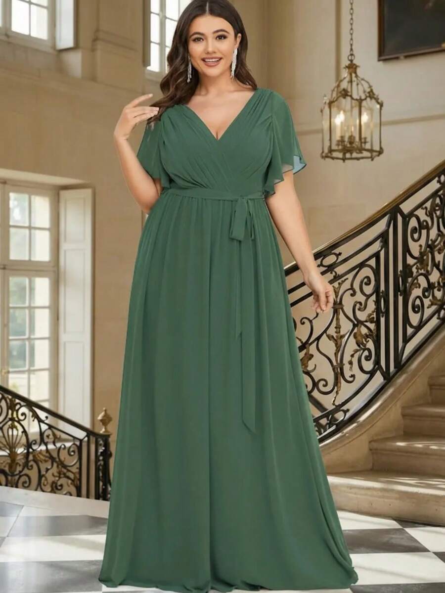 EVERPRETTY 优雅V领荷叶边喇叭袖长款绿色伴娘礼服，春夏婚礼宾客半正式礼服