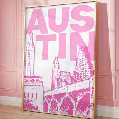 1张奥斯汀德克萨斯州天际线海报 - 复古学院风粉色城市地图墙画，宿舍装饰，适用于家庭、办公室、咖啡厅 - 无框帆布印刷品，奥斯汀旅行海报，当代德州艺术品，完美房间装饰