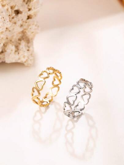 2pcs Stainless Steel (304) 18k Gold And Silver Heart Shaped Ring Set, Cute, Versatile, Stackable Or Suitable For Women's Daily Decoration, Gift