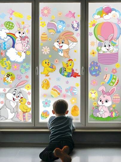 18 pièces Autocollants de fenêtre de Pâques, Lapin de Pâques, Œufs, Fleurs Décalcomanies de fenêtre, Décorations de Pâques, Œufs de Pâques mignons de bande dessinée, Lapins Stickers de fenêtre, Couronne de printemps colorée à double face, Autocollants de papillon, Convient pour les magasins de vacances, la maison, la décoration de vitrine en verre, la maison, le bureau, le magasin, la décoration de fête. Différents motifs et styles disponibles.
