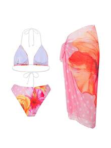 3件套印花三角比基尼上衣搭配长款网纱裙，女士夏季沙滩度假旅行套装 - 彩色 - 查看 4