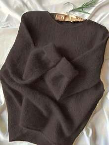 Jersey de cuello redondo casual de color liso, de manga larga - Marrón - Ver 6