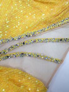 NIKBK Đầm ngắn dự tiệc, dạ hội, đêm tiệc ngắn ôm sát cơ thể màu vàng ánh kim đính đá, cổ hình trái tim, dây mảnh, eo lệch, chất liệu xuyên thấu, ôm sát tôn dáng, thích hợp cho ngày Valentine và đám cưới mùa xuân. - màu vàng - Xem 9