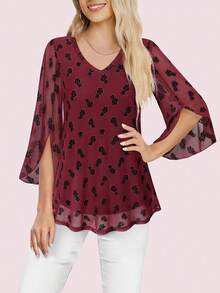 CheersLife Women's Ruffled 3/4 Sleeve V-Neck Double-Layer Mesh Loose Flowing Blouse - Burgundy - View 2