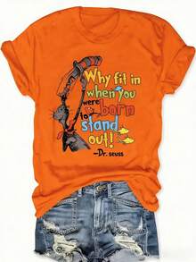 Fashionable Graphic And Letter Print Crew Neck T-Shirt For Women - Casual Short Sleeve Crew Neck Top For Sweetheart - Lightweight & Breathable For All Seasons, Polyester, 1 Piece, 180g - 橘色 - 查看 1