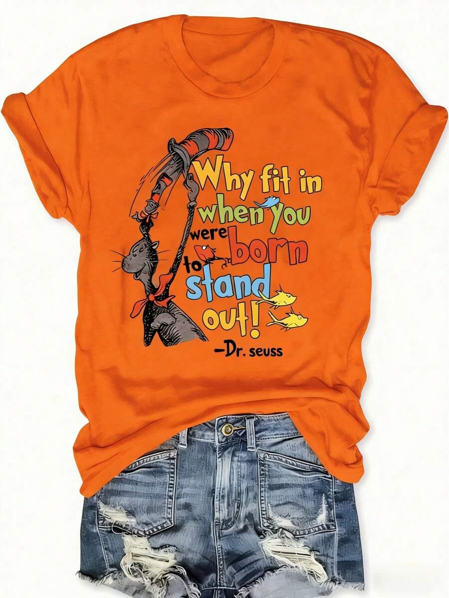 Fashionable Graphic And Letter Print Crew Neck T-Shirt For Women - Casual Short Sleeve Crew Neck Top For Sweetheart - Lightweight & Breathable For All Seasons, Polyester, 1 Piece, 180g - 橘色 - 查看 1