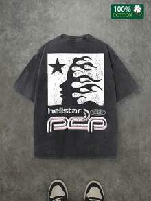 Men's "Hell Star" Washed T-Shirt - Extra Large Flame Star Pattern Street Style - màu đen - Xem 2