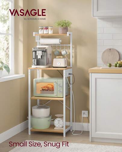  VASAGLE Kitchen Bakers Rack With Power Outlet, Coffee Bar 4-Tier With 8 S Hooks, Microwave Stand, Adjustable Shelf, For Small Spaces, 15.7 X 17.7 X 55.1 Inches