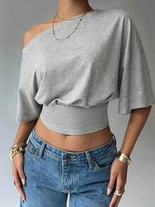 女士不对称针织休闲优雅露肩T恤，适合春夏度假穿着 - 灰色 - 查看 3