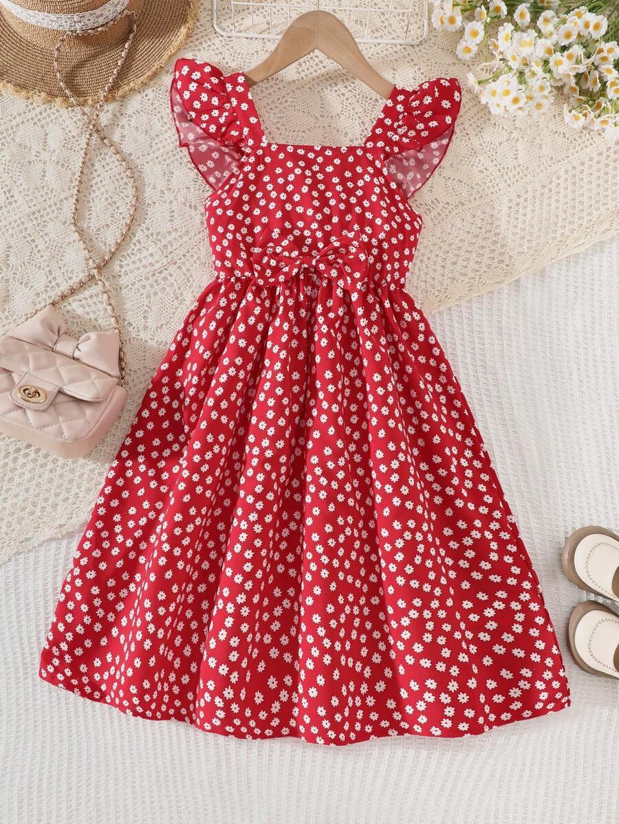 Đầm casual không tay họa tiết hoa nhí, thắt eo, dành cho bé gái tuổi teen, thích hợp mùa xuân/hè. - Đỏ - Xem 1