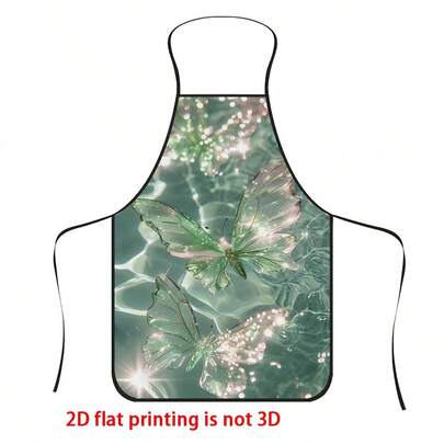 1pc Translucent Green Butterfly Wave Print Apron, Polyester Material, Suitable For Cooking, Barbecue, Gardening, Painting, Manicure, Unisex, Indoor And Outdoor Use