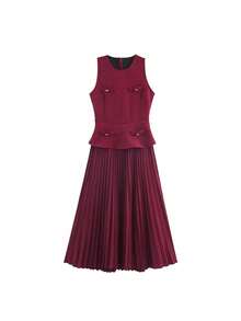 2026Nueva colección 2026, vestido plisado femenino estilo euroamericano, cuello redondo sin mangas, elegante con clase, estilo de traje para oficina - Rojo - Ver 1