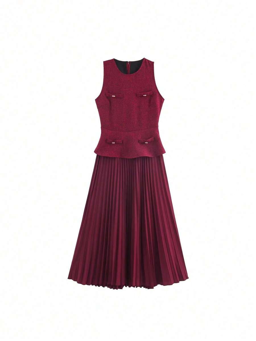 2026Nueva colección 2026, vestido plisado femenino estilo euroamericano, cuello redondo sin mangas, elegante con clase, estilo de traje para oficina - Rojo - Ver 1