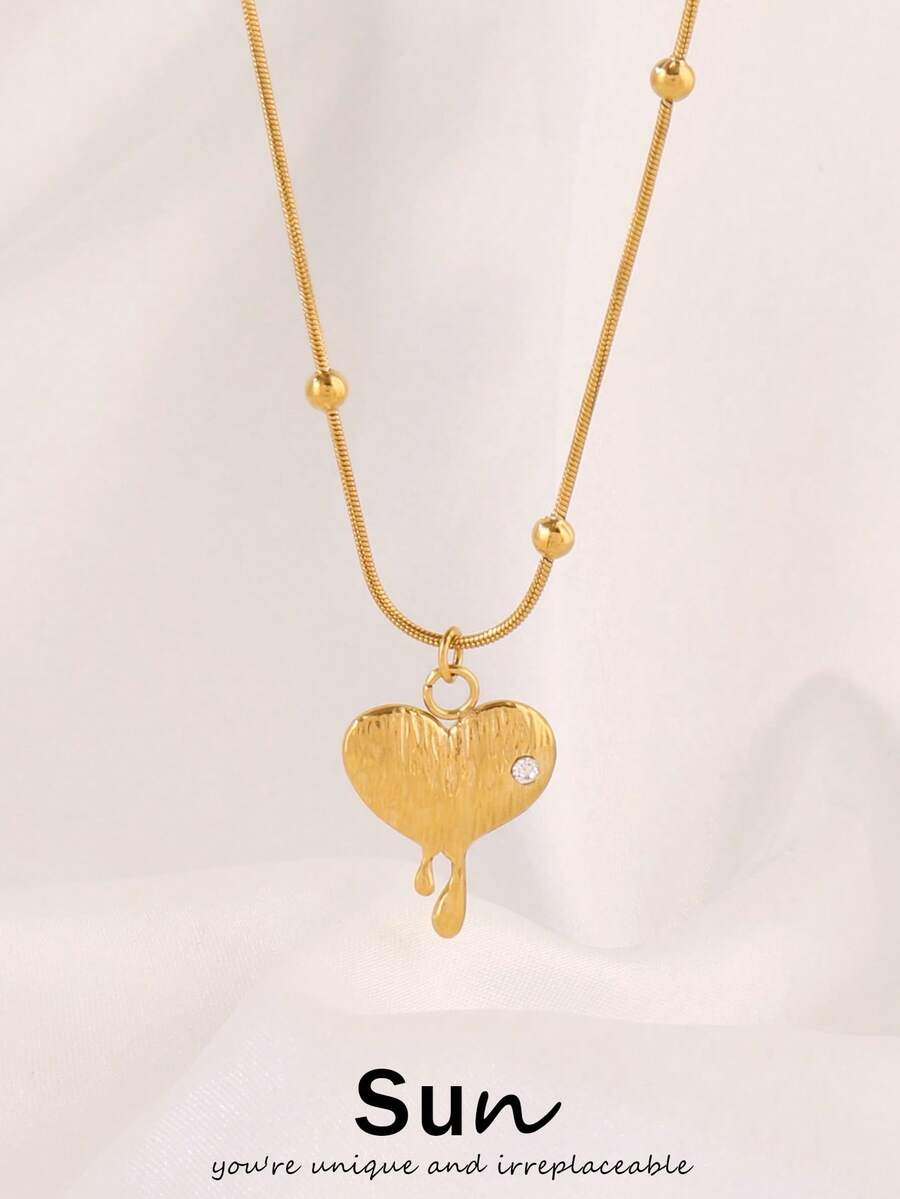 1件不锈钢锆石心形吊坠项链，时尚18K镀金串珠蛇形链项链，女士珠宝礼品 - 項鍊 - 查看 1