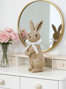 树脂编织纹理兔子摆件套装（含白色丝带） - 可爱的兔子造型，适合摆放在客厅书架、露台桌椅和梳妆台上，营造温馨迷人的氛围，时尚的室内外装饰品。复活节装饰品，复活节礼物 - 多款 - 查看 5