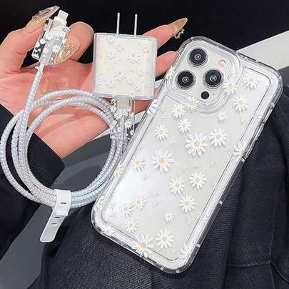 6pcs Daisy Flower Pattern Phone Case Set, Including Charger Head Protector, Cable Guard, And TPU Shockproof Protective Case