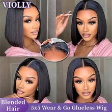 VIOLLY 【半头真人发假发】女士即戴即走无胶假发，12英寸直发自然黑色波波头假发，带婴儿发，5x5预剪蕾丝闭合假发，巧克力棕色假发，自然发际线，预漂白，透气|轻盈|不刺激，8-34英寸，女士礼物之选 - 1B# - 查看 2