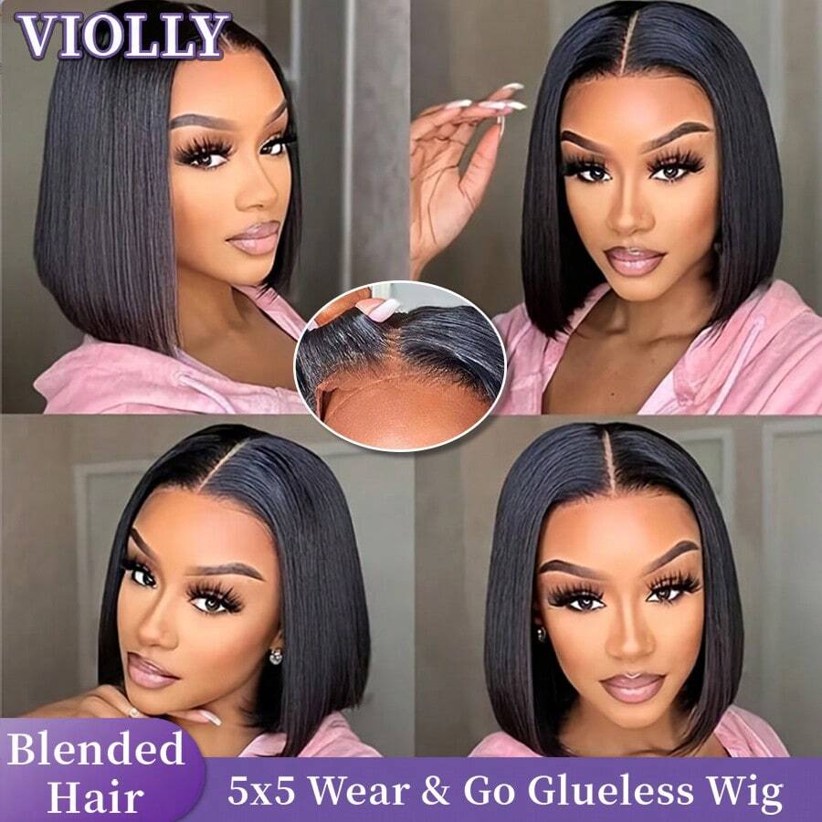 VIOLLY 【半头真人发假发】女士即戴即走无胶假发，12英寸直发自然黑色波波头假发，带婴儿发，5x5预剪蕾丝闭合假发，巧克力棕色假发，自然发际线，预漂白，透气|轻盈|不刺激，8-34英寸，女士礼物之选