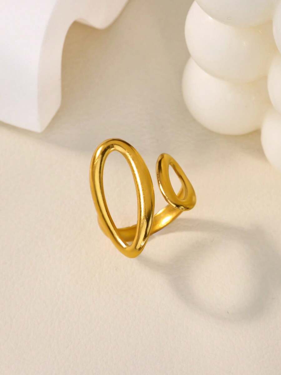 1pc Punk Geometric Hollow Open Ring, 18K Gold Plated Stainless Steel Band, Vintage Accessories Gift - Yellow Gold - View 1