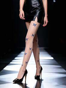 女士透明连裤袜一双，蓝色蝴蝶印花 | 保湿面料，洗涤说明：手洗或干洗 - 杏色 - 查看 9