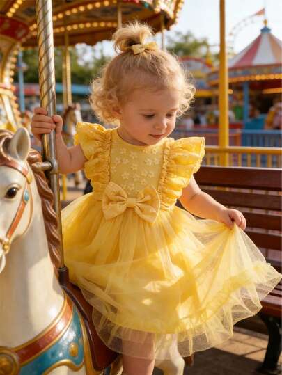 Đầm công chúa không tay cho bé gái, váy xòe bồng bềnh bằng vải lưới jacquard dễ thương với nơ và viền bèo nhún, thích hợp cho mặc hàng ngày, đi chơi, mua sắm, nghỉ mát.