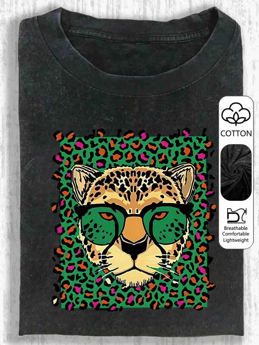 Camiseta casual de manga corta con cuello redondo y estampado de leopardo con gafas de moda para mujer talla grande, primavera/verano vacaciones negro - Negro - Ver 1