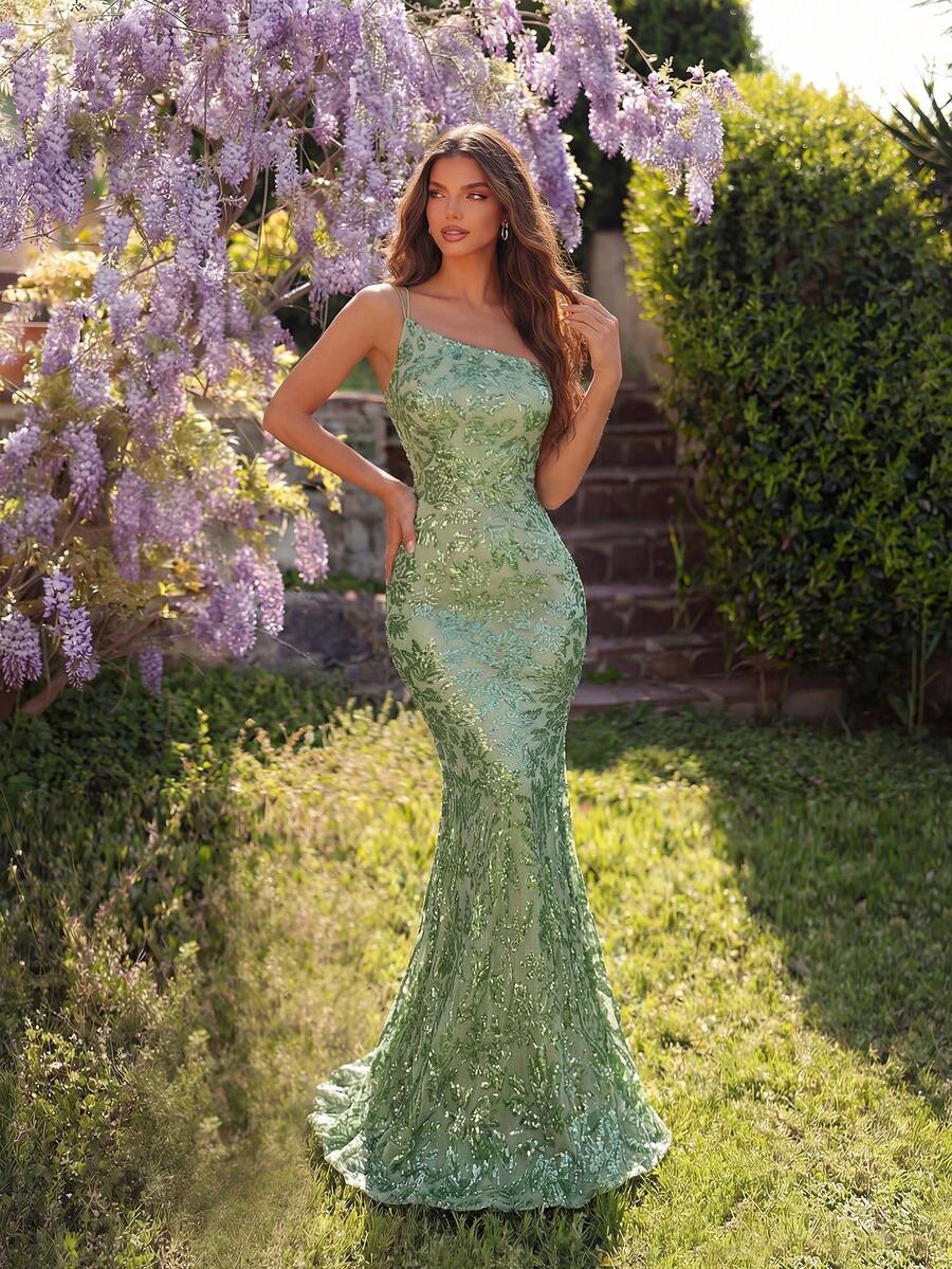 ADYCE Women's Elegant Sequin Embroidered One-Shoulder High Waist Backless Maxi Dress, Suitable For Wedding Guest, Prom, Homecoming, Date Night, Formal Dinner, Birthday Party, Holiday Party, Family Gathering And Other Occasions, Valentine's Day Spring - Green - View 1