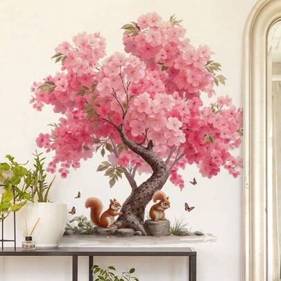 1pc Self-Adhesive Pink Tree Wall Sticker | With Little Squirrel And Butterflies Pattern Design, Self-Adhesive, Removable PVC Decor, Suitable For Living Room, Bedroom Wall Door Decor, SIngle Use, Charming Pink Tree Design