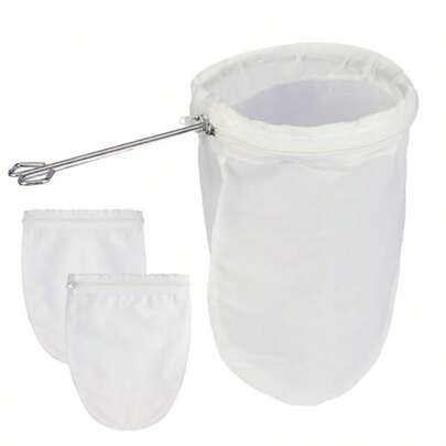 3 Piezas de Colador de Malla Fina Reutilizable con Bolsas de Tela y Mango de Acero Inoxidable, Bolsa para Leche de Nueces, Colador de Jugo para Cocina, Color Blanco
